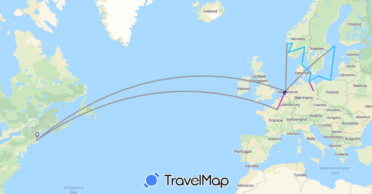 TravelMap itinerary: driving, plane, train, boat in Germany, Denmark, Finland, France, Netherlands, Norway, Poland, Sweden, United States (Europe, North America)